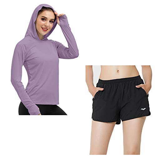 MIER Women's UPF 50+ Sun Protection Hoodie Shirt Purple and Workout Running Quick Dry 3 Inch Active Shorts Black