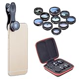 URPIZY Set di obiettivi per fotocamera 10 in 1, con occhio di pesce, grandangolo di 198°, 0,63 macro, 15 telescopio, 2 caleidoscopio CPL, filtro radiale, a stella, rimovibile e portatile, compatibile