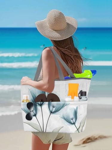 Mesh Beach Bag Oversized Tote Bags for Women Abstract Flower Teal Floral Large Travel Pool Bags with 8 Pockets3