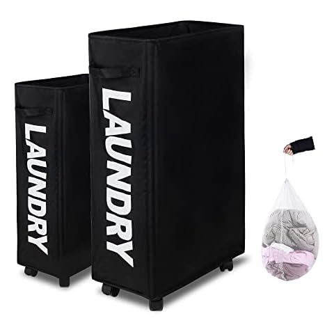 Caroeas Laundry Basket Slim Plus 27.5”,Black Laundry Basket with Wheels, Laundry Hamper with Removable Wash Bag Waterproof Clothes hamper Fabric baskets for laundry Cover