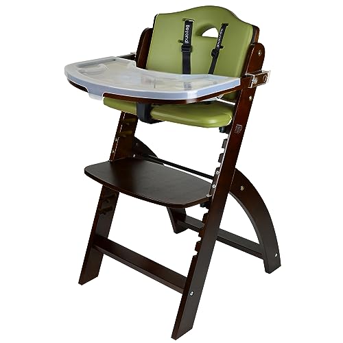 Abiie Beyond Junior Convertible Wooden High Chairs For Babies & Toddlers. 3-In-1 Adjustable High Chair With Removable Tray, Easy To Clean, Portable. 6 Months Up To 250 Lb. Mahogany Wood/Olive Cushion #TOP19