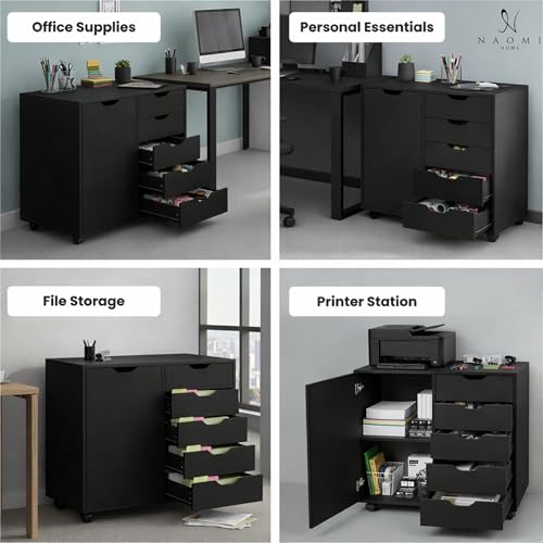 Image of Naomi Home Under Desk Rolling Office File Cabinet with 5 Drawers & Side Storage Cabinet, Mobile Organizer with Shelves & Swivel Casters for Home Office - Black