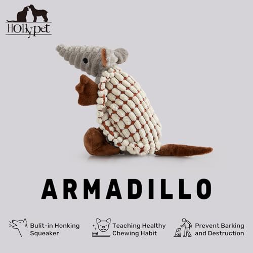 Image of Hollypet Plush Dog Squeaky Toy Stuffed Armadillo Animal Pet Puppy Chew Toys with Clean Teeth for Small Medium Large All Breed Sizes Dogs, Milky White, 8 in
