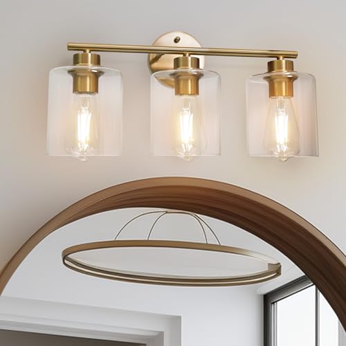 AUGE LIGHT 3 Light Gold Bathroom Light Fixtures, Modern Bathroom Vanity Light with 3*S19 E26 Bulbs, Brushed Gold Bath Wall Mount Lights, Wall Lamp for Mirror Kitchen Bedroom Hallway Living Room