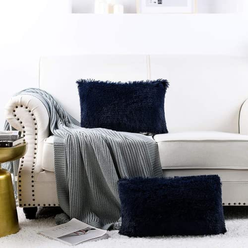 NordECO HOME Set of 2 Soft Plush Fluffy Fur Cushion Covers Rectangular Decorative Cushion Covers for Living Room Sofa Bedroom Car 30 x 50 cm Navy Blue