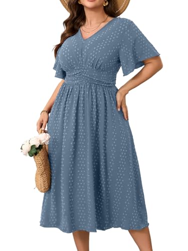Image of RWJ Women's Plus Size Maxi Dress V Neck Short Sleeve Swiss Dot A Line High Waist Boho Swing Casual Summer Dresses