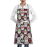 ggasdvjj Delantales coloridos con estampado de calaveras de flores para hombres y mujeres, con bolsillos grandes, ajustable, resistente a las gotas, delantal de cocina para dibujo o barbacoa.