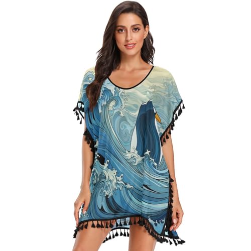 Cartoon Penguin Blue Wave Women's Beach Cover Up Chiffon Tassel Swimwear Swimsuit Coverups for Girl
