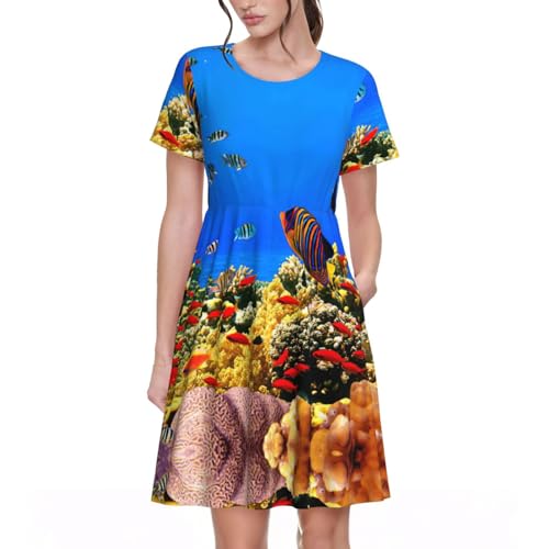 Robe trapèze manches courtes et col rond pour femme avec motif poisson marin