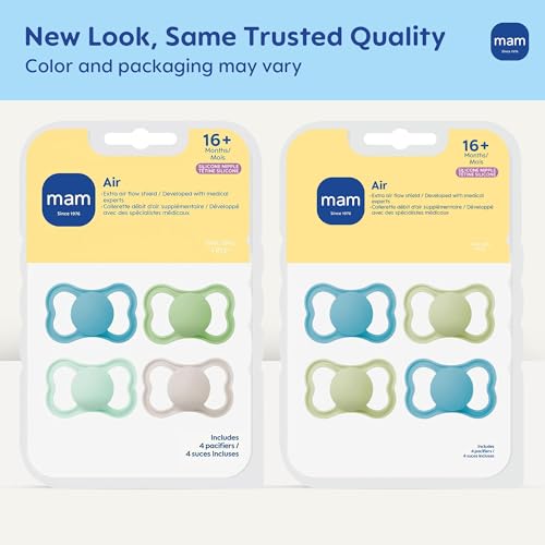 Image of MAM Air Pacifier for Babies 16+ Months, Extra Air Flow for Sensitive Skin, Developed with Medical Experts, BPA-Free Skin Soft Silicone, 4 Pack, Made in Europe