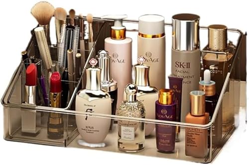 メイクボックス 段スキンケア化粧品オーガナイザー 大型積み重ね可能なクリアメイクアップホルダー クリアカバー化粧品ディスプレイケース スキンケアディスプレイケース 防塵防水 こはくいろ 二段引き出し 大容量収納 防塵カバー付き デスク整理 (こはくいろ,ト