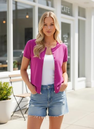 Image of GRACE KARIN Women Short Sleeve Cardigan, 2026 Summer Knitted Sweater Tops, Basic Crew Neck Crop Outfits