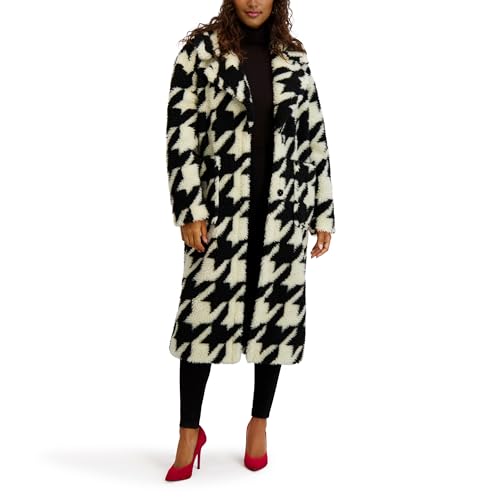 kensie Women's Outerwear Houndstooth Print Faux Fur Sherpa Walker Coat2