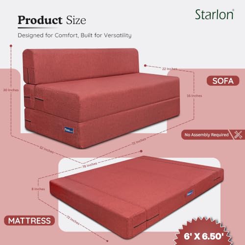 Image of Starlon 3 Seater Sofa Cum Bed Foldable 3-in-1 Sofa Bed with 1 Year Warranty, Washable Jute Fabric Cover | Guest Bed for Living Room & Small Spaces | Royal Maroon 6x6.5 Ft