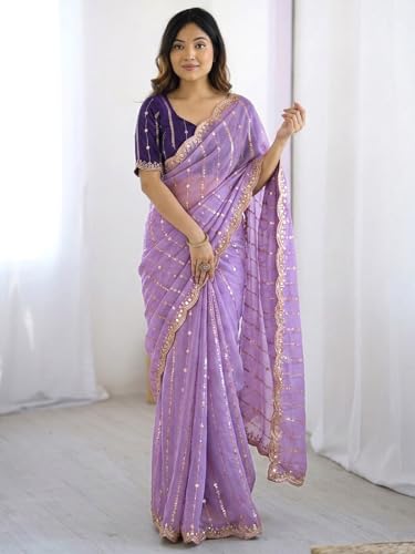 Image of SIRIL Women's Shimmer Georgette Scalloped Border Sequins Embroidery Saree with Unstitched Blouse Piece