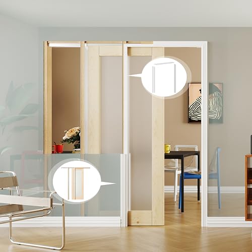 Image of Interior Pocket Door, 1-Lite Frosted Glass Pantry Door Panel with Frame and Hardware Kit Set Plus Door Jamb, 32 inch x 80 inch Single Closet Door Slab for Sliding Door, No Panel Assembly Required