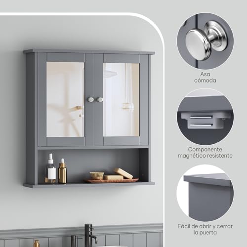 Miniatura 4 de Esituro Mueble Suspendido De Espejo Mueble Colgante Armario De Ducha Armario De Pared Con Toallero Y Estante De Medicamentos Armario De Baño Con Puertas Gris, 56x58,3x13cm