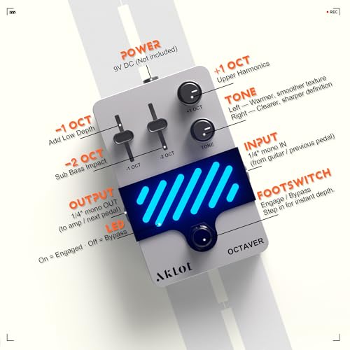 Image of AKLOT Octave Electric Guitar Pedal: Fast Tracking & Dynamic Response, +1 /-1 Octave & Level Controls, Mini Guitar Effects Pedal True Bypass, NEON SubShift