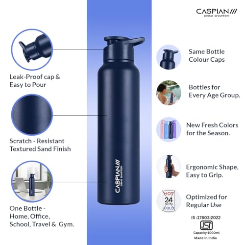 Image of CASPIAN / / / HIke ISI Certified Stainless Steel Water Bottle 1 ltr. (Elite Blue, 1 Litre) | Leak Proof Sipper for Fridge Home Office Travel School Kids Boys Girls Adults Sports Gym Yoga Gift|BPA Free