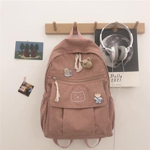 Miniatura 3 de YUESUO Mochila grande de pana Kawaii con bonito colgante de oso vintage para niña, bolsa escolar para estudiante, mochila para libros, portátil,