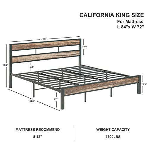 LIKIMIO California King Bed Frame wtih Headboard, Easy Assembly, Noise-Free, No Box Spring Needed, Heavy Strong Metal Support Frames, Rustic Brown