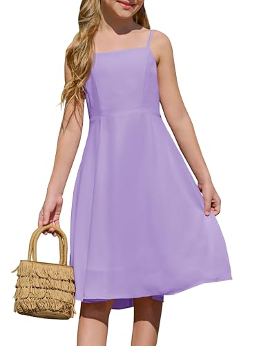 Yousify Girls' Dress Square Neck Summer Tie Back Spaghetti Straps Elegant Chiffon A-line Party Dress 7-14 Years