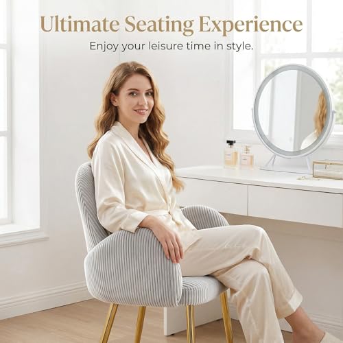 Image of Eifizek Home Office Chair Set of 2, Modern Corduroy Upholstered Vanity Desk Chair with Gold Legs for Girls Women, Ergonomic Padded Backrest for Living Room, Grey