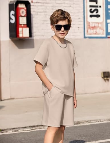 Image of Arshiner Boys Drop Shoulder T-Shirt & Drawstring Waist Shorts Summer Casual Outfits (5-12 Years)