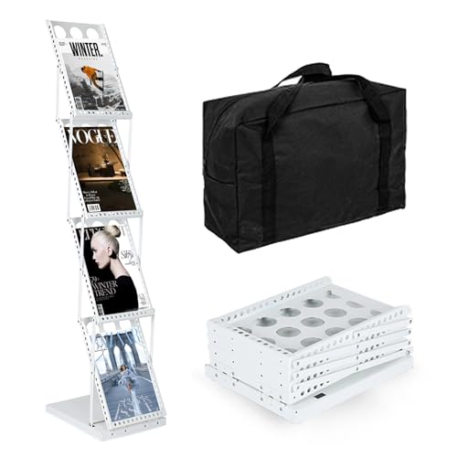 RMNKTHC Soporte plegable para catálogo de 4 niveles con bolsa de almacenamiento Oxford, compatible con A4, estante de hierro para folletos/folletos/revistas (blanco)