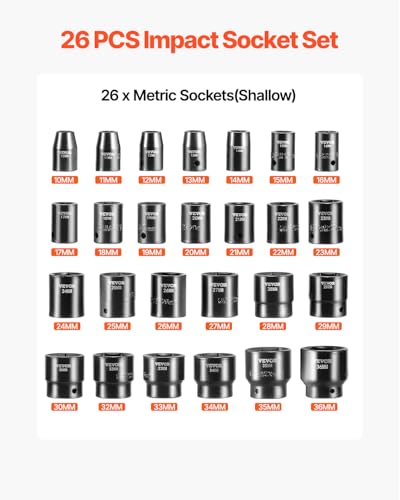 Image of VEVOR 1 /2 inch Drive Impact Socket Set 26-Piece, Metric (10-36mm) Sizes Standard Socket Set CR-V Material for High Durability Impact Wrench