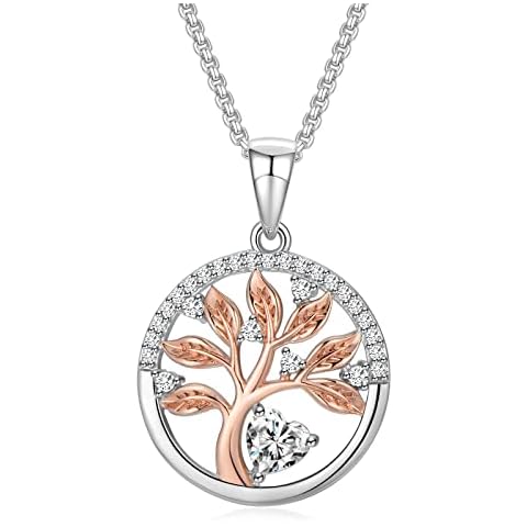 Praelinos Tree of Life Necklace for Women Birthstone Rose Gold Plated Silver Tone 5A Cubic Zirconia Pendant Birthday Valentines Mother's Day Jewellery Gifts for Girlfriend Wife Mom Her(White) Cover