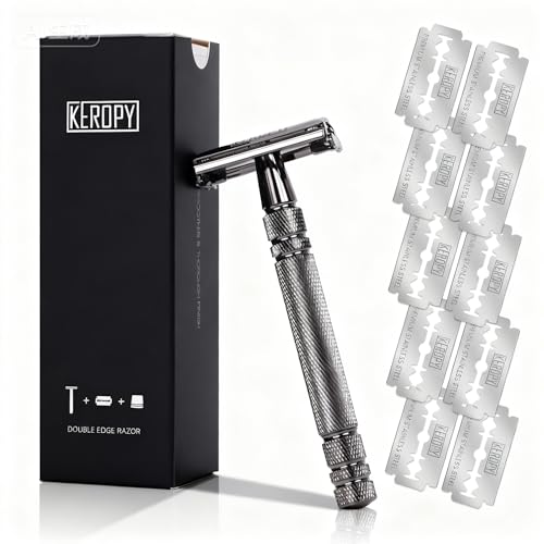 Double Edge Safety Razor with 10 Disposable Blades, Butterfly Open Head Features - Washable Reusable Metal Razor, Ergonomic Design Portable Shaving Kit for Beard Shape Up - Gloss Black