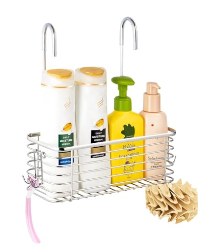 YQh hanging shower rack bathroom storage rack shampoo bracket the back hook can be rotated and can be hung on the faucet or Claw foot bathtubcross bar 304 stainless steel rust proof and durable