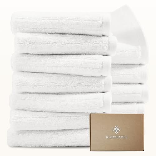BIOWEAVES 100% Organic Cotton 700 GSM Luxury Ribbed Washcloth GOTS Certified 13 x 13 Face Towel - White Pack of 12