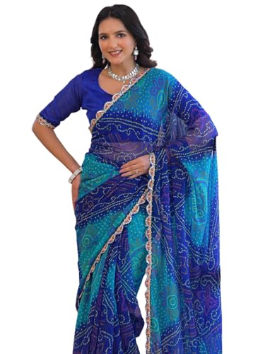 Image of SIRIL Women's Bandhani Printed Embroidery Georgette Saree with Unstitched Blouse Piece