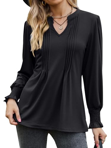Zetieny Blusa de Mujer Manga Larga Camiseta Cuello en V Tops Camisa Plisada Informal con Volantes y Puños Fruncidos