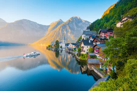 Affiche Hallstatt Alpes 110x70 cm poster grand format avec navire traditionnel