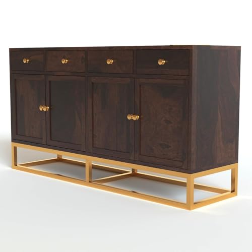 Image of Wooden Sideboard Cabinet for Living Room | Storage Cabinet with Drawers & Doors | Sheesham Wood Buffet Cabinet | Kitchen Cabinet for Home | Walnut Finish | 64 X 15.8 X 31.5 Inches