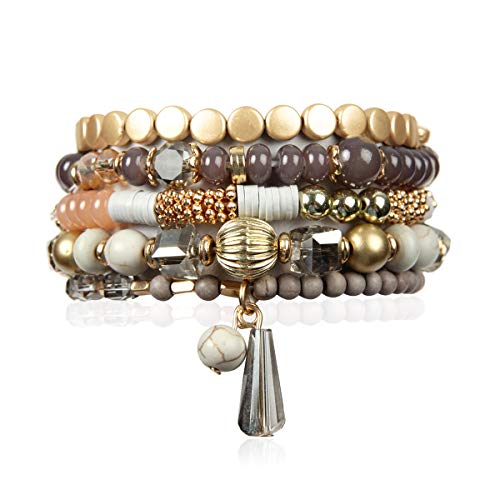 Bohemian Mix Bead Multi Layer Versatile Statement Bracelets - Stackable Beaded Strand Stretch Bangles Sparkly Crystal, Tassel Charm (Gray)