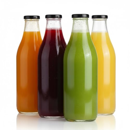 Image of Glassbunny 1000ml Transparent Glass Bottles for Milk, Water & Juice | Leak-Proof Airtight Black Lid Beverage Bottles | Reusable & Eco-Friendly Drinking Glass Containers, Pack of 4