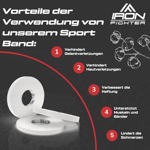 IRON FIGHTER 3X Rolle Sporttape 0,8cm x 13,7m (41m) Weiß - Fingertape, Fingerbandage Sport, Tape Sport, Schutz Fingerband Arthritis Bjj Jiu Jitsu, Crossfit, Klettern, Volleyball, MMA, Fitnessstudio