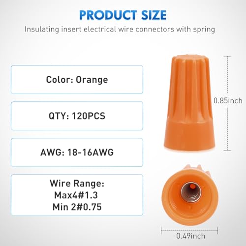 Image of Nilight 120PCS Orange Wire Connectors Kit 18-16 AWG Electric Wire Caps Insulating Insert Twist Electrical Wire Terminal with Spring for Connect Electrical Wiring Automotive Car Truck Boats Marine