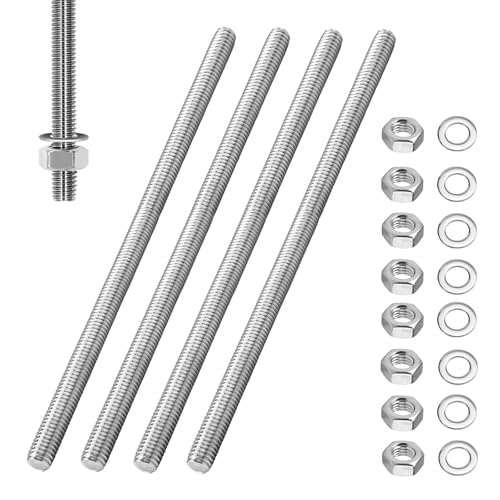 Molirex 4 Pièces Tige Filetée M10 x 200mm avec 8 Écrous Hexagonaux et 8 Rondelles, Tiges Filetées en Acier Inoxydable pour Bricolage Industrie Construction...