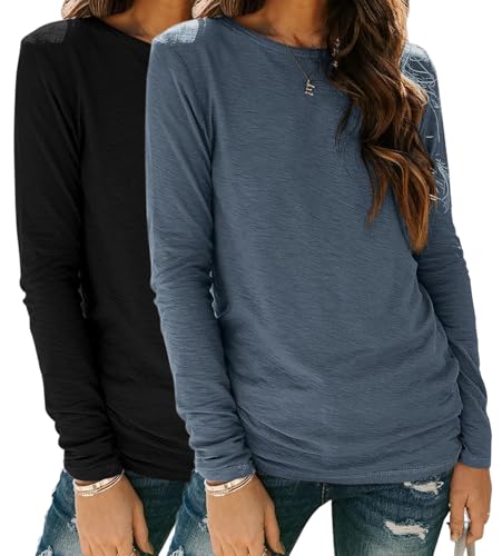 YUTILA 2er Pack Damen Langarmshirt aus 95% Baumwolle Basic Rundhals...