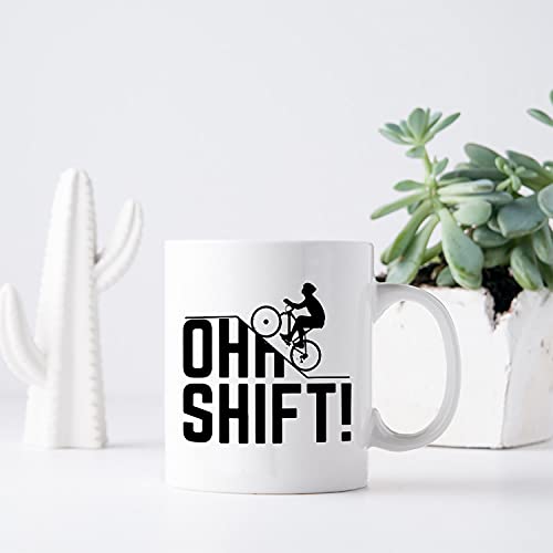 Hasdon-Hill Oh Shift Cycling Coffee Mug, Cool Triathlon Biking Rider Gift With Bicycle, Bike Lover Or Cyclist Who Loves Riding Bikes Uphill In Trail, 11 Oz Fine Bone China White #TOP2