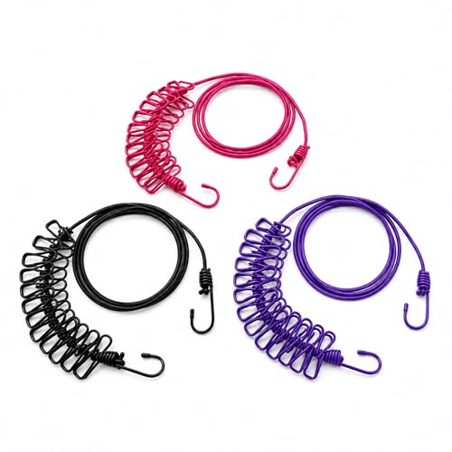Image of VERAT 3 Piece Cloth Drying Rope /Elastic Rope with Hook /12 Clip Elastic Hanging Rope /Stretchable /Clothesline /Portable Cloth Dryer /Kapde Sukhane Ki Rassi /Travel Home Outdoor(Multicolour), Assorted
