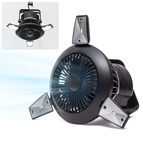 Busypiggy Solar Camping Fan with LED Lantern, Portable Tent fan with Hanging Hook, Rechargeable USB Desk Fan for Home, Office, Tent, Car, Emergency Outages (4000mAh, 40 Hours Max Working Time)