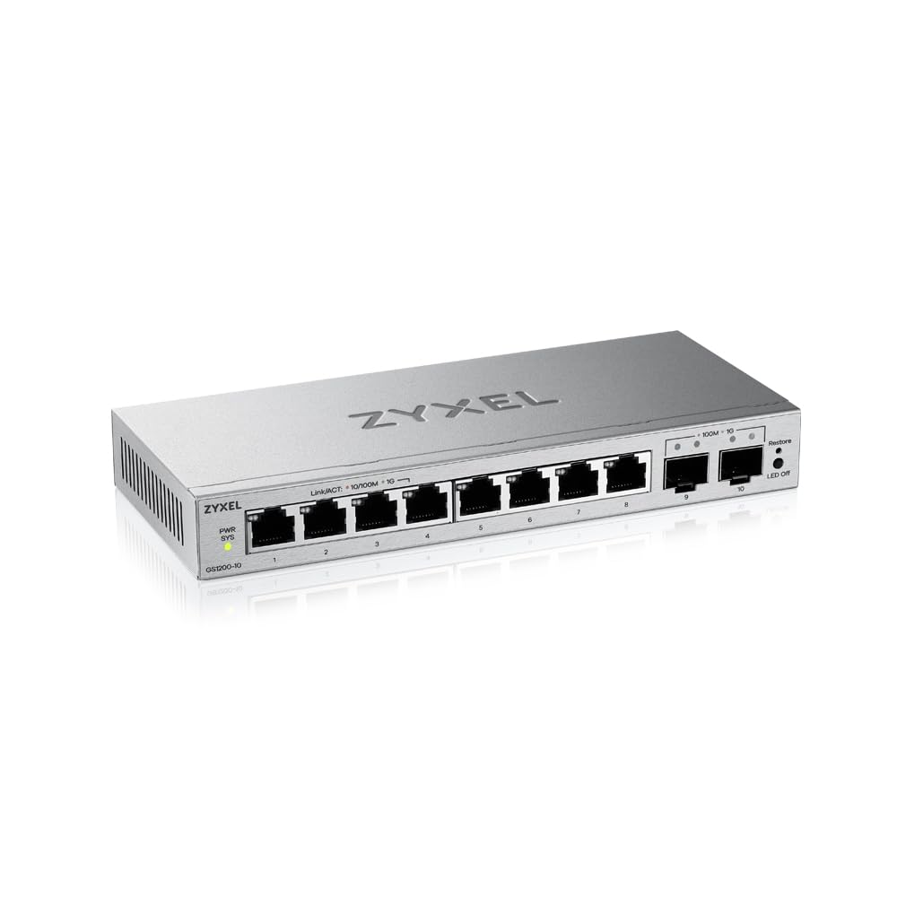 Zyxel 8-Port Network Switch | Web Managed Gigabit Ethernet Splitter | 8x GbE + 2x SFP Ports | QoS, Link Aggregation, VLAN, IGMP Snooping | Fanless | Desktop | GS1200-10v3