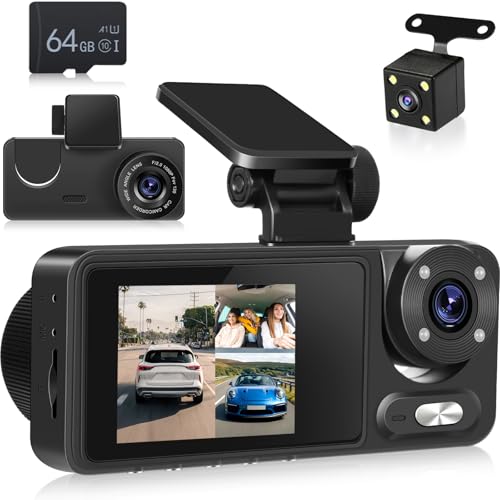 NHOPEEW 3 Canales Dash CAM Delantera y Trasera - 1080P Dual Dashcam con 4 IR Leds - Pantalla IPS de 2 Pulgadas con G-Sensor Grabación en Bucle Gran Angular Visión Nocturna + 64GB SD Card
