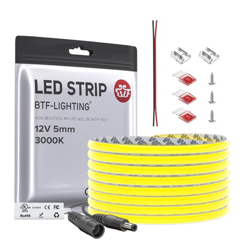Image of BTF-LIGHTING FCOB Thin 5mm Width COB LED Strip, UL Listed Warm White 3000K Narrow Uniform Light, 16.4FT DC12V CRI 90+ Flexible LED Tape Light for Home Indoor DIY Lighting(No Adapter or Controller)